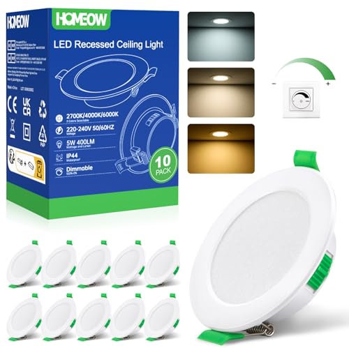 HOMEOW Spot LED Encastrable Dimmable 5W, Spot LED Encastrable 68mm - 80mm Découpe, Blanc Chaud 2700K Blanc Neutre 4000K Blanc Froid 6000K Réglable Salle de Bain IP44 pour Salon Cuisine, Lot de 10