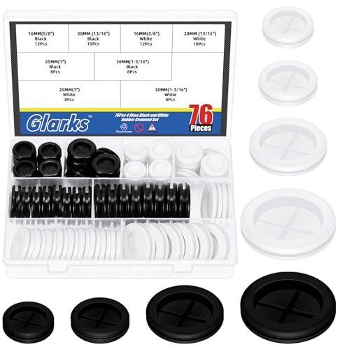 Glarks 76pcs 16mm 20mm 25mm 30mm Black and White Rubber Grommet Set, Double Sided Round Rubber Hole Plugs Closed Firewall Hole Plug Rubber Gasket for Wire Protection