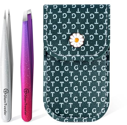 GlamTweeler - Juego de pinzas de punta inclinada y puntiaguda con exclusiva funda de cuero, juego de pinzas afiladas y de precisión para cejas, vello facial y eliminación de vello fino (vello profundo