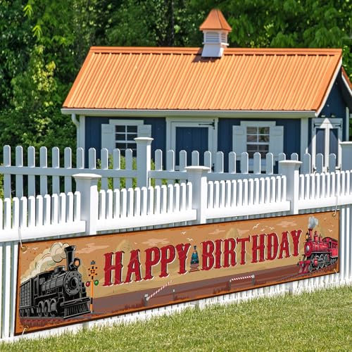 Train Theme Happy Birthday Banner,Retro Train Birthday Party Supplies Steam Train Birthday Party Banner Decorations for Train Theme Birthday Party Baby Showers Party Supplies.9.8 * 1.6ft