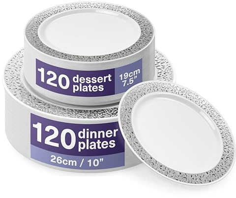 MATANA 240 Premium White Plastic Dinner & Dessert Plates with Silver Lace Rim - 120 Dinner (26cm), 120 Dessert (19cm) - Elegant & Reusable Party Tableware