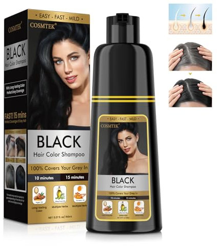 COSMTEK Haarfärbeshampoo - Schwarz Hair Dye Shampoo für Graues Haar Sofort 3 in 1 Pflanzliche Haarfarbe Shampoo Enthält Ginseng-Extrakt für Männer und Frauen 150ml Black