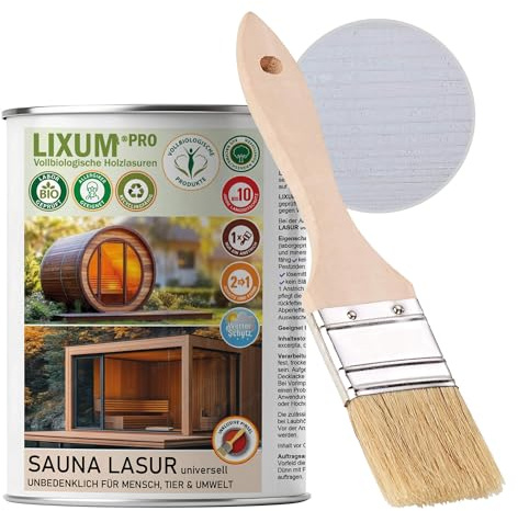 LIXUM PRO - SAUNA LASUR universell, Farbe:Vintage Weiß 0.01, Inhalt:335 ml (ca.10m²), inkl. Zubehör:Pinsel