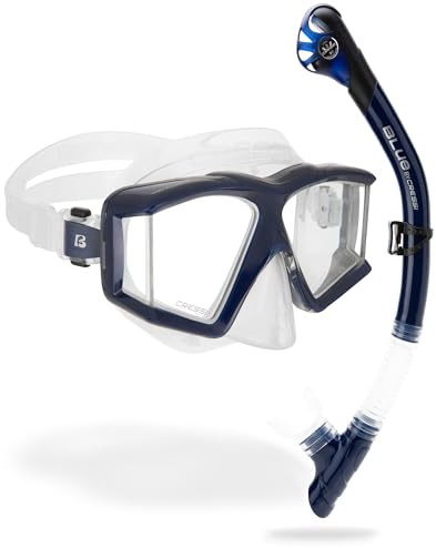 Cressi Horizion+Scilla Combo Clear/Blue Navy - Set Maschera Horizon 4 Vetri Temperati Separati e Snorkel Scilla Top Dry Valve System per Immersioni e Snorkeling, Trasparente/Blu Navy, Unisex