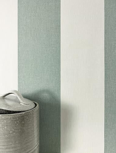 Newroom Vliestapete Grün Streifen Landhaus Salbeigrün Tapete Wohnzimmer | feine Leinenstruktur, textile Gewebeoptik, Blockstreifen cremeweiß, Streifentapete, Mustertapete, Wandtapete, ansatzfrei