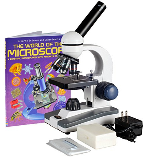 AmScope M150C-PB10-WM Compound Monocular Microscope, WF10x and WF25x Eyepieces, 40x-1000x Magnification, LED Illumination, Brightfield, Single-Lens Condenser, Coaxial Coarse and Fine Focus, Plain Stage, 110V, Includes 5 Blank Slides, 5 Prepared Slides, and Book