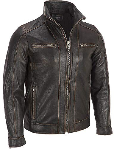 Mens Black Rivet Faded Seam Leather Jacket Genuine Cow hide