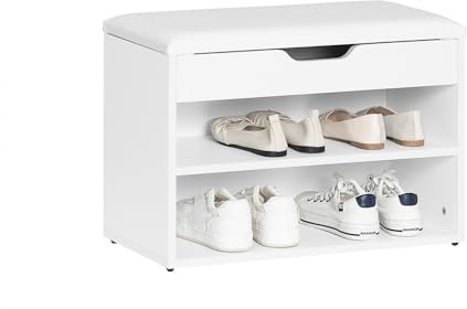 SoBuy Banc à Chaussures avec Rangement – Meuble Chaussure Entrée avec Coussin Confortable – Banc Rangement Chaussures à 2 Étages – pour Meuble d’Entrée, Blanc, 60x30x44 cm, 120kg – FSR25-W