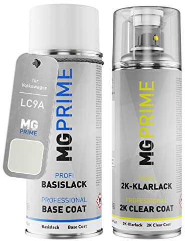 MG PRIME Autolack Spraydose für Volkswagen LC9A / C9A / 0Q Pure White +2K | für Volkswagen VW, Carraweiss, Set aus Basislack + 2K Klarlack, Sprühdosen 400ml