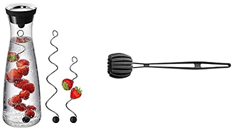 WMF Basic Wasserkaraffe Set 3-teilig, Karaffe 1l mit 2 Fruchtspieße verschiedene Größen, Glaskaraffe mit Deckel & Basic Flaschenbürste lang 41 cm, Reinigungsbürste mit 6 weichen Reinigungsschwämmen