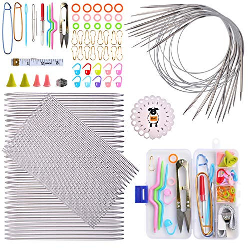 Coopay DPN Stricknadel Set, 151 Pcs Stricknadeln Set aus Metall, Inklusive Edelstahl Rundstricknadeln 80cm und 20cm Kurze Doppelspitze Stricknadeln Set und Strickzubehör, Komplettes Strick Starter Kit