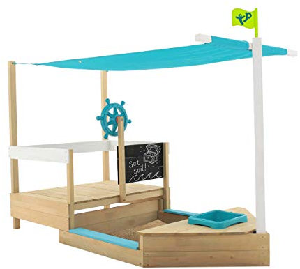 TP Toys Ahoy Holz-Spielboot | Sandkasten | 2 Spielmodi | Für Kinder ab 2 Jahren | Garten- und Outdoor-Holzspielzeug | mit Schattenabdeckung | Versteckte Spielzeugaufbewahrung