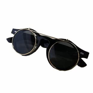 Riloer Lunettes de soleil Steampunk, monture ronde, style rétro, lunettes de soleil miroir pour homme et femme, Noir clair., 138 mm x 144 mm