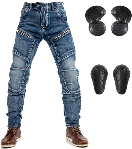 LOMENG Motorcycle Riding Pants Motocross Ricing Jeans Motorbike Denim Jeans with CE Removable Armored for Men Blue 2XL