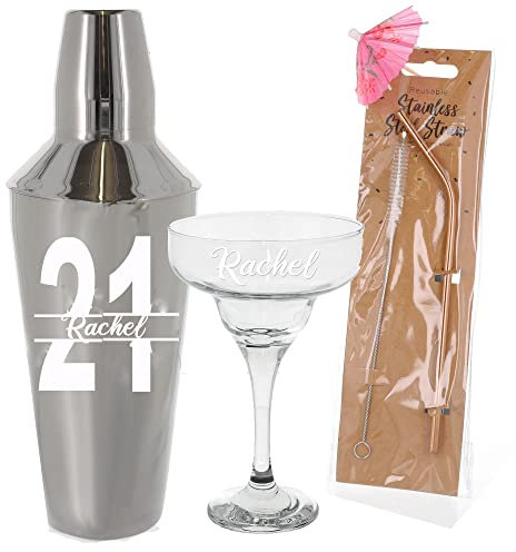 Personalised 21st Birthday Cocktail Shaker & Margarita Glass Gift Set (Full Set)
