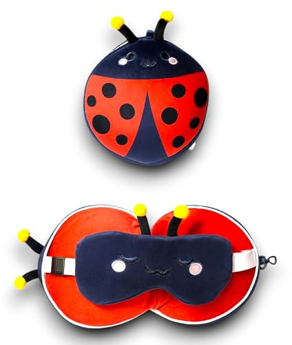 KORAT Cuscino da Viaggio Bambini 2 in 1 a Forma di Coccinella Morbido Cuscino Trasformabile in Mascherina per Dormire Design Peluche Carino, Compatto e Portatile 15x27x7 cm Idea Regalo