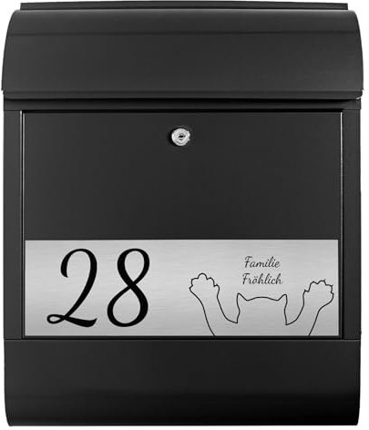 banjado Briefkasten personalisiert mit graviertem Namensschild in Edelstahl - Wandbriefkasten Schwarz - Postkasten mit Hausnummer, Namen & Motiv WT Scratch - Briefkasten mit Zeitungsfach