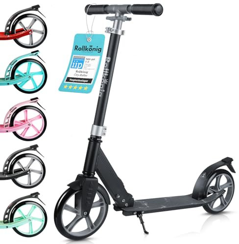 Rollkönig ® Scooter für Kinder ab 5 Jahren I Der Faltbare City-Scooter mit großen Rädern I Tret-Roller für Erwachsene mit bis zu 100kg Tragkraft (Schwarz/Grau)