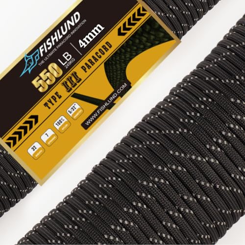 FISHLUND 4 mm Paracord 550 Nylon 7 Stränge Fallschirmschnur Typ III für Camping, Outdoor - Reflektierende Schwarz - 15m
