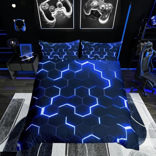 Homewish Honeycomb Comforter Cover Neon Light Geometric Bedding Set Double For Kids Boys Teens, Hexagonal Duvet Cover Soft Microfiber Quilt Cover Zipper 2 Pillow Cases Blue Black Room Decor