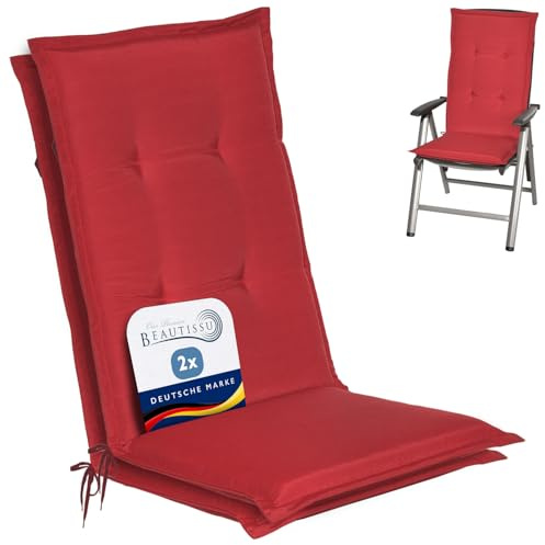 Beautissu 2er Set Gartenstuhlauflage für Hochlehner mit Schaumkern Füllung | 120x50x6cm Rot weiche Polster Auflage Sitzpolster & Sitzkissen für Gartenmöbel Stuhlauflage Stuhlauflagen Loft HL