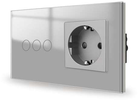 JIMEIDA Interruptor táctil con enchufe gris empotrable 3 vías 1 ruta, panel de cristal y LED de estado, interruptor de pared, no se requiere cable neutro, 157 * 86mm