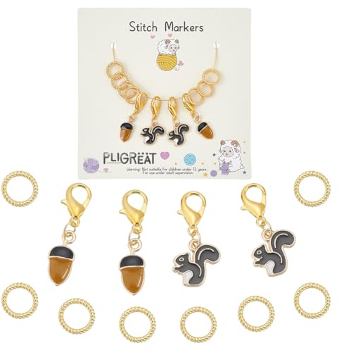 PLIGREAT 12 Stück Goldlegierung Stricken Stich Ringe Eichhörnchen Tannenzapfen Anhänger Abnehmbare Stitch Marker für Weben Nähen Quilten DIY Halskette Armband machen Zubehör