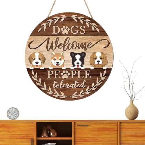 puzzlegame Welcome Dog Sign - Welcome Dog Door Hanger | Funny Round Welcome People Tolerated Sign Novelty Hanger for Dog Lovers
