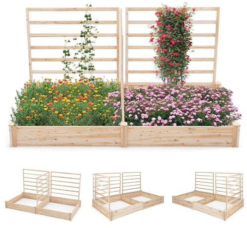COSTWAY Raised Garden Bed with 3 Trellis, Wooden Planter Box Kit for Climbing Vines, Indoor Outdoor Vegetable Fruit Flower Herb Growing Box Container