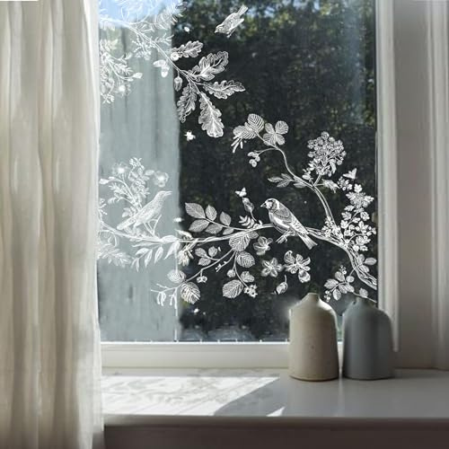 Neukids Vögel Fenstersticker, Weiß Blumen Zweig Vögel Fenster Aufkleber, | Pflanzen Fensterbild Aufkleber für Wohnzimmer Schlafzimmer Küche Bad Büros Glastüren Fensterdeko