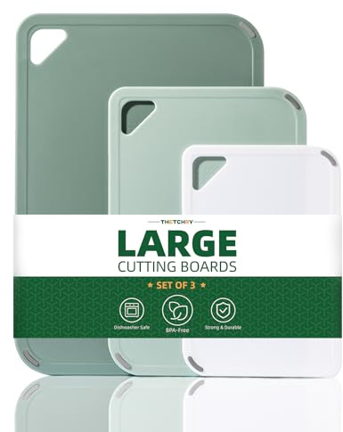 THETCHRY Plastic Cutting Board Set of 3-Cutting Boards for Kitchen BPA Free, Large-Small Chopping Boards Non-Slip for Cooking Camping Dishwasher Safe, Reversible, with Grip Handle, 15×10×0.25 Green