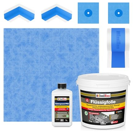 Isolbau Dicht-Set - Inkl. 1x Flüssigfolie (7 kg), 1x Tiefengrund PRO (1 L), 1x Dichtband (5 m), 1x Dichtbahn (1 m), 2x Innenecken & 2x Manschetten