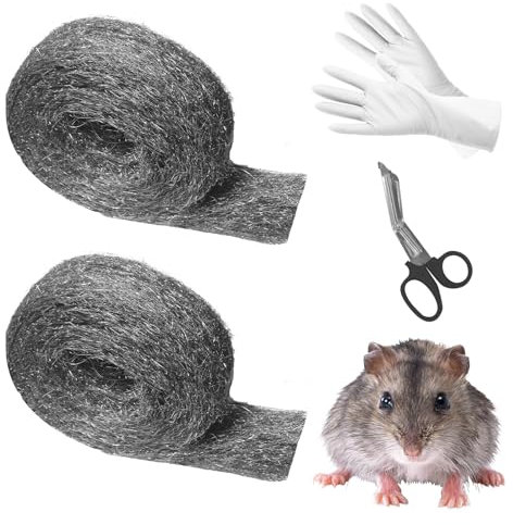Cynrikah Lana de Acero para Ratones, 10 m, Gruesa para Ratones, 2 Rollos, Lana de Acero a Prueba de Ratas, contra Ratones, Lana de Acero, contra Ratas con Tijeras, Guantes de Lana de Acero para