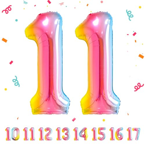 11 Geburtstag Deko zahlen luftballon 11 jahre | Folienballon Regenbogen - für 11. Geburtstagsdeko Männer Frauen Ballon Zahl Deko zum Geburtstag fliegt mit Helium 11.Geburtstagsparty 40-101cm