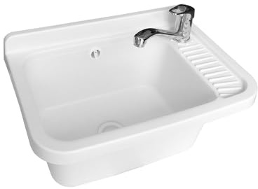 Avilia Lavabo da Parete per Esterni - Lavatoio per Lavaggio Vestiti a Mano, Ideale per Giardini, Terrazze, Campeggio, con Piano Antiscivolo, in Resina, 50x35x24cm, Bianco