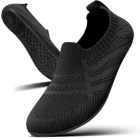 KOWAYI Herrtofflor för kvinnor slip-on husskor barfotaskor unisex hemtofflor andningsbara lätta stickade resetofflor, 1343 Svart, 44 EU