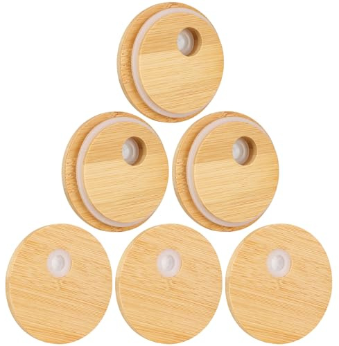 Bambusdeckel für Glasbecher, Ersatz-Bambusdeckel für 16OZ/20OZ/24OZ Glasbecher mit normalem Mund (6 STÜCK) Geeignet für Becher mit einem Innendurchmesser von 58 mm (6 Stück)