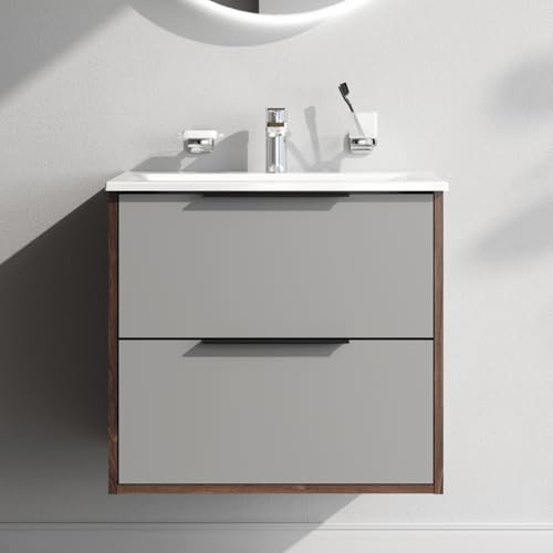 AM.PM – Meuble sdb avec Vasque à Suspendre 60 cm, Meuble Vasque sous-lavabo avec 2 tiroirs, Ensemble Meuble Vasque Salle de Bain pour Salle de Bain et WC d’invités, Graphite Mat