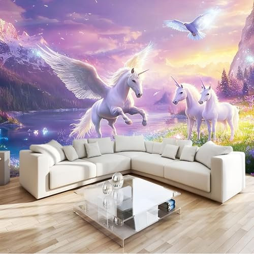 3D Papier Peint Panoramique Licorne Et Colombe Blanche Décoration Murale Enfant Pour Chambre, Salon & Bureau - Facile À Poser (Décoration Maison) 200 X 140 Cm