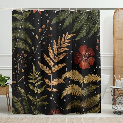 Botanischer Duschvorhang, dunkelschwarz, florales Farn-Dekor für Badezimmer, Herbst, Winter, modern, elegant, wasserdicht, Stoff, Duschvorhang-Set mit Haken, 183 x 183 cm