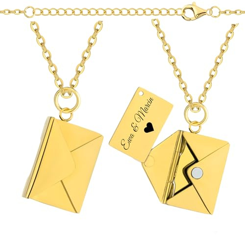 Lumari Gold Personalisierte Halskette mit Gravur – Kette mit Wunschtext, Namen, Initialen oder Datum – Briefumschlag Anhänger zum Öffnen – Geschenk für Freundin, Mama, Frau, Tochter – Edelstahl