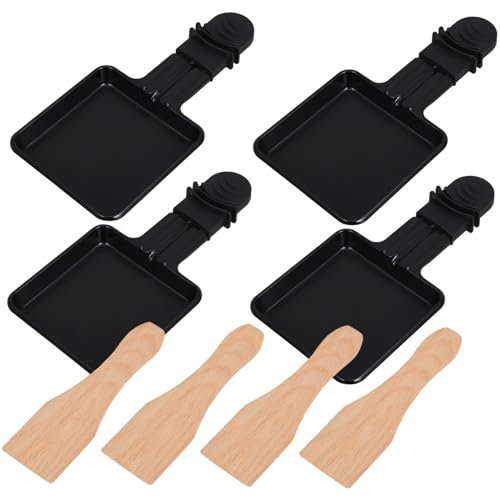 MAGICLULU Mini Raclette Grill Pans and Square Cheese Melting Pans Set Wooden Spatulas, Non-Stick Stone Grill for Small Barbecue and Cheese Melter, 4 Sets Kitchen Supplies for Home