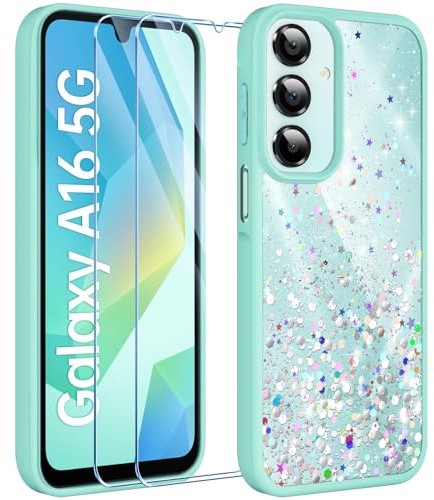 ivencase Glitzer Handyhülle Kompatibel mit Samsung Galaxy A16 Hülle, Klar Silikon Case+2 Stück Schutzfolie, Transparent Pailletten Kratzfest Hülle Weich TPU Stoßfeste Schutzhülle A16 5G - Grün