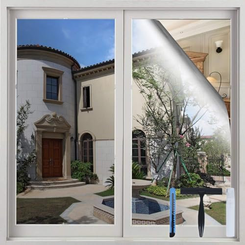 Volcanics One Way Window Film Privacy Film for Glass Windows, Heat Reflective Mirror Window Tint Film Home, Anti Glare Static Cling Window Stickers, Silver 44.5 x 200CM