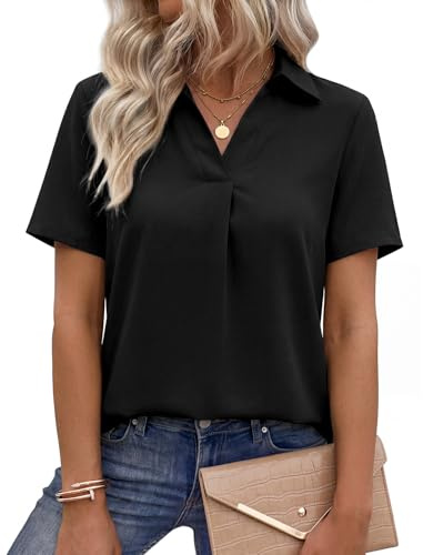 PASUDA Blusa Mujer Manga Corta Casual Camisas con Cuello en V de Verano Camisa Holgada Elegante de Color Sólido Suelta Tops (Negro, S)