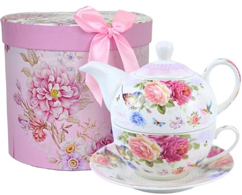ONEUSTAR Teeservice für eine Person, Keramik, florale Teekanne und Tassen-Untertasse, Set für Frauen, Muttertagsgeschenk, Geburtstagsgeschenk, in wiederverwendbarer, handgefertigter Geschenkbox, Rosa