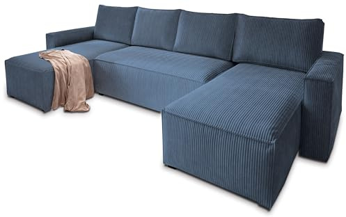 Masseno Ecksofa ASPRA mit Schlaffunktion U-Form, Sofa mit Bettkasten, Wohnzimmersofa, Couch, Soffa, Bettsofa, Couchgarnitur- Blau, POSO 05