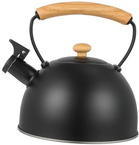 PRETYZOOM Bouilloire Sifflante Inox Avec Manche Bois Pour Gaz Induction Électrique Théière Portable Sécurisée Pour Eau Bouillante Et Style Classique Noir