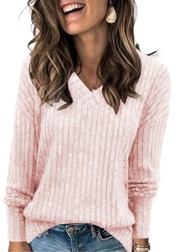 Famulily Jumpers for Womens V Neck Long Sleeve Ladies Lightweight Sweaters Tops (L, Pink)