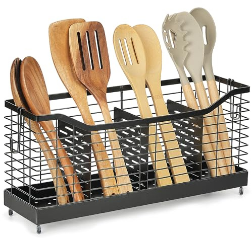 GRKJGytech Küchenutensilienhalter für Küchentheke, Mit Rutschfesten Gummifüßen Schwarzer Besteckhalter, Küchenutensilien Kitchen Arbeitsplatte Organizer, Kochlöffelhalter, Besteck schwarz matt
